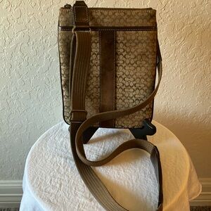 Coach: Vintage Brown Signature Crossbody Bag- Leather Trim- Gold tone- Marks